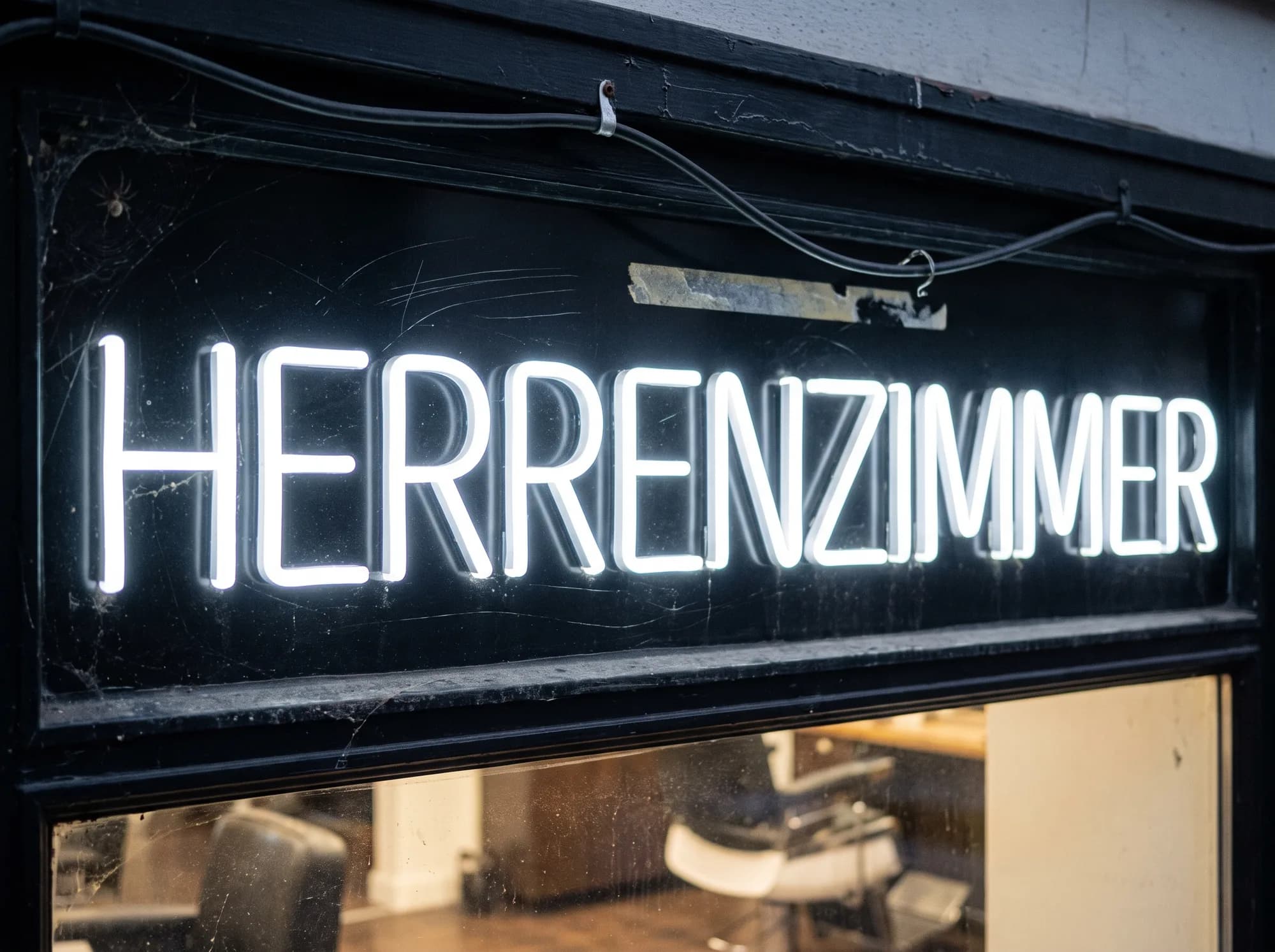 Kaltweißer Neon-Schriftzug auf schwarzer Blende über dem Schaufenster eines Barbershops