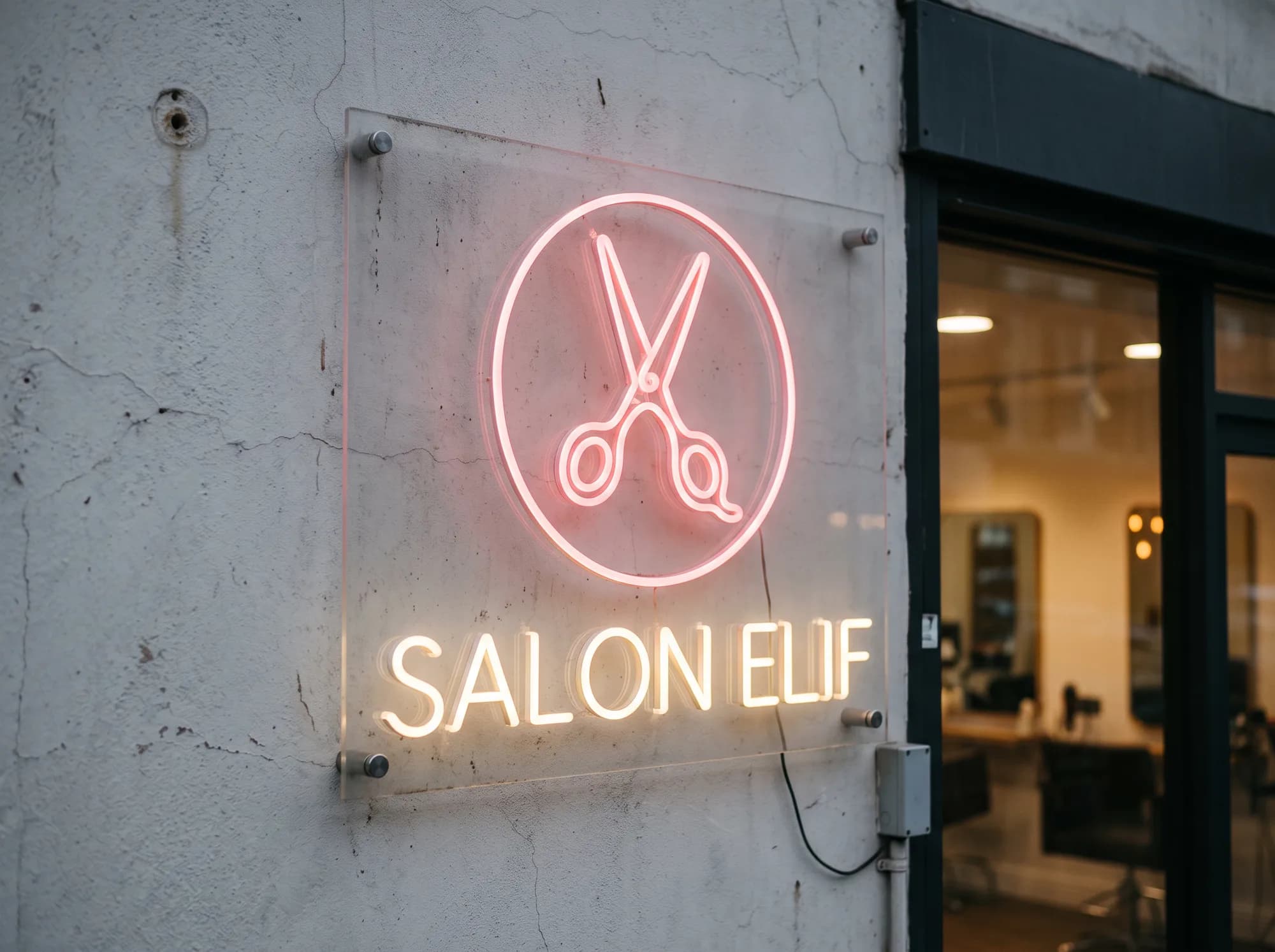 Neon-Logo eines Friseursalons: Schere im Kreis über dem Schriftzug, an einer Putzwand