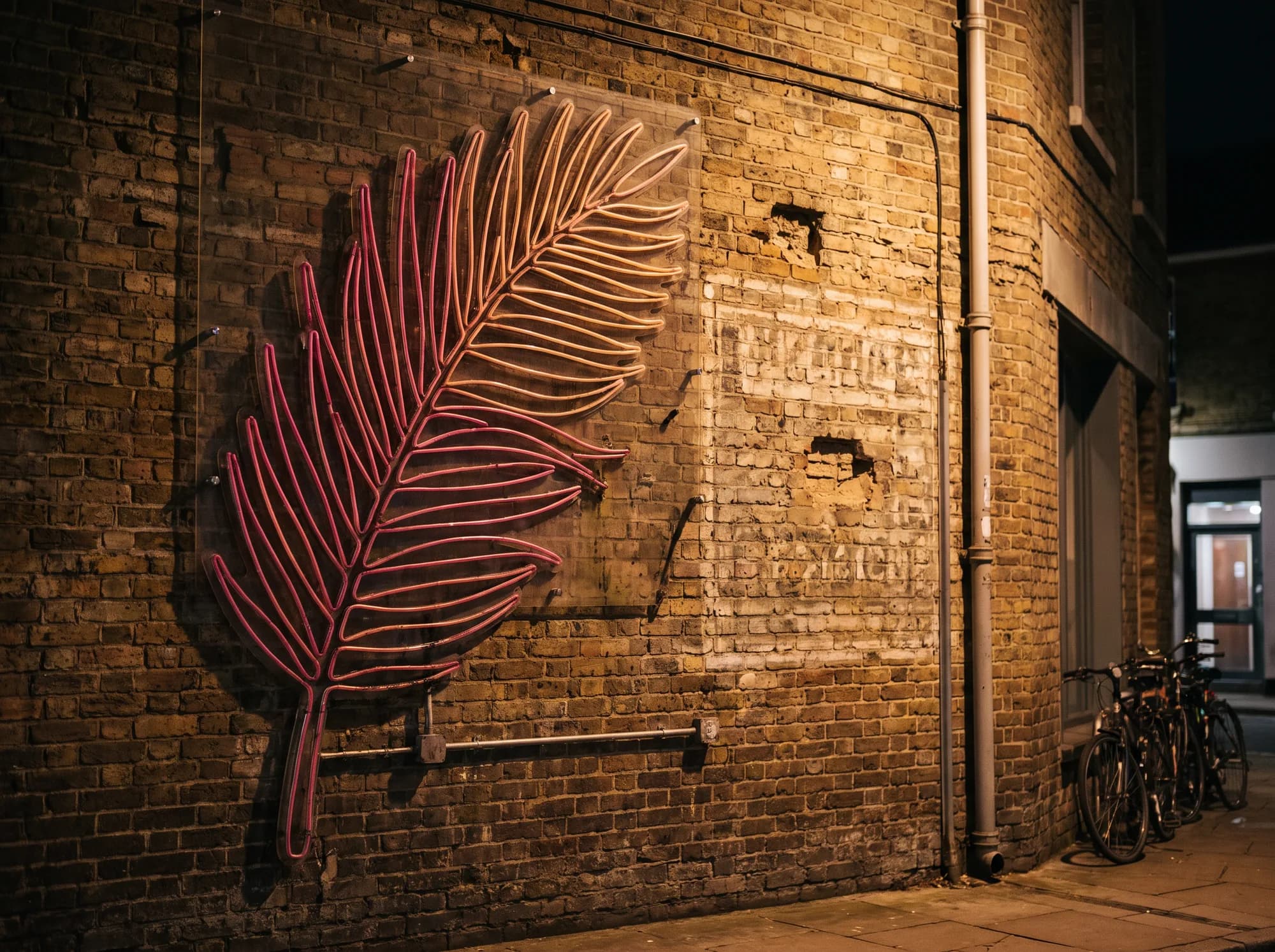 Zweifarbige Neon-Grafik eines Palmwedels, rund 2,5 Meter hoch, an einer Ziegelaußenwand